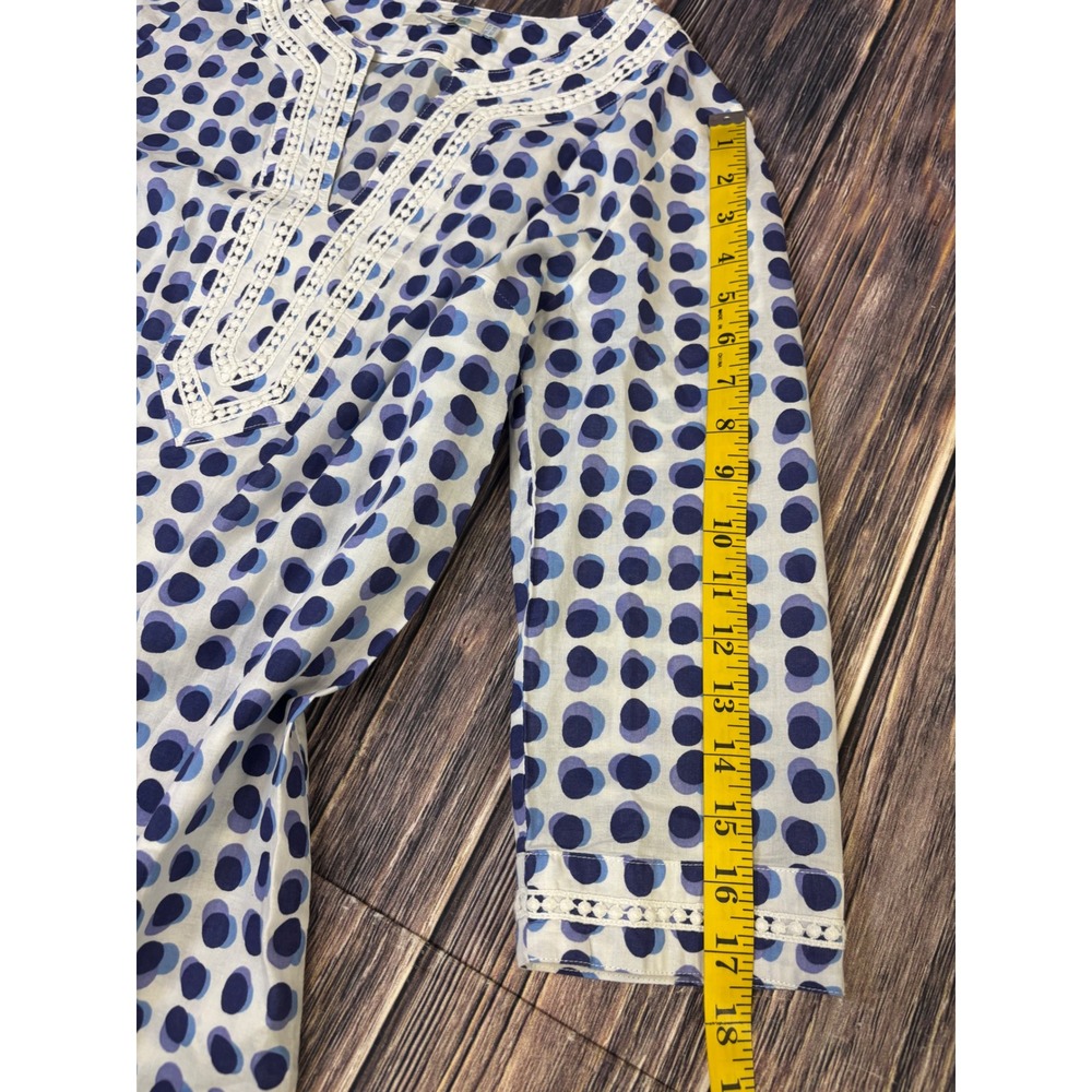 Boden Tunic Top Womens US 6R Blue Purple Polka Dot Cotton Crochet Trim Boho - Picture 8 of 14